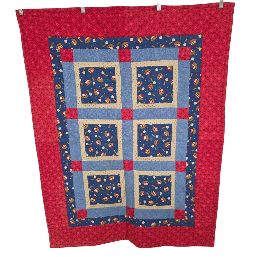 Handmade Noahs Ark Baby Quilt Red Blue Star Patchwork Rainbow Nursery Blanket